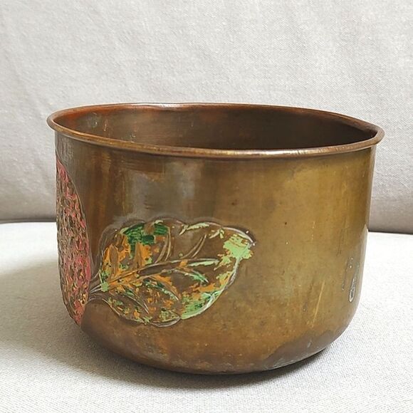 Hand Carved and Hand Painted Round Brass Cache Pot - Picture 2 of 8